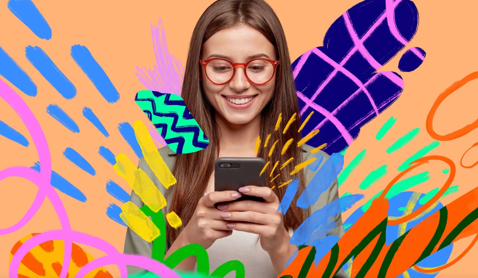 Monyo creator using a phone in a colorful painted collage